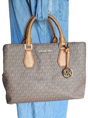 Michael Kors Brown Logo-Print Satchel with Tan Handles and Gold Hardware